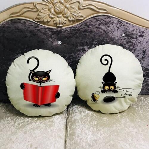 Diameter 45cm Hand Painted Flowers Black Cat Round Cushion Cover and Sofa Pillow Case Home Decorative Pillow Cover YX228