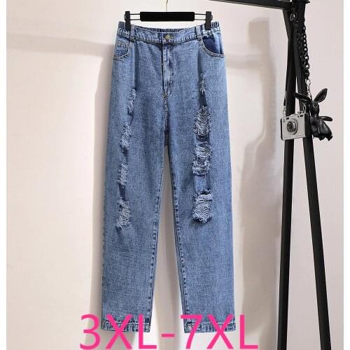New spring autumn plus size jeans for women large loose casual elastic waist hole blue denim long pants 3XL 4XL 5XL 6XL 7XL