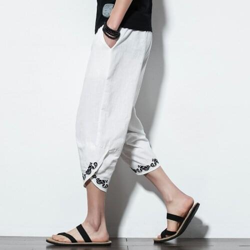 New Chinese Style Male Flowers Embroidery Harem Pants Men Calf Length Cotton Linen Bermuda Masculina Male Pants Chinese Style Fl