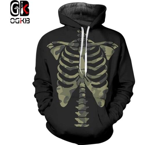 OGKB Mens New Creative Interesting Casual Hoodies 3D Printed Funny Camouflage Skeleton Black Large Size 6XL