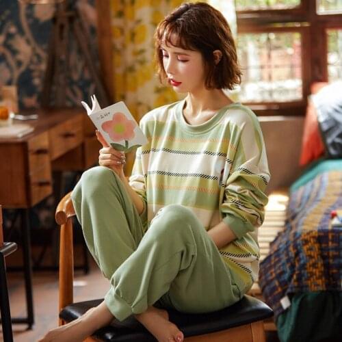 Striped Print Two Piece Pajamas Sets Womens Outfits Spring T-shirt Women Clothing Home Wear 2020 Trendy Matching Lounge Wear