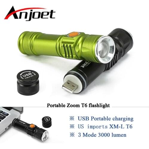 Anjoet portable light mini USB flashlight XM-L T6 LED torch rechargeable 18650 Built-in battery waterproof flash light 3000 lume