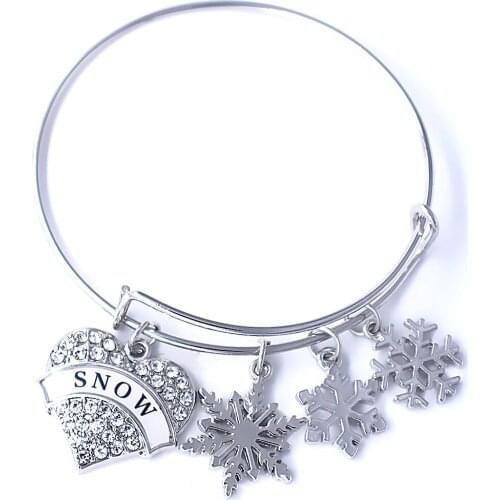 Christmas Winter Gift Jewelry I Love Snow Expandable Bangle Bracelet with Snowflake Charm Snowfall Jewelry