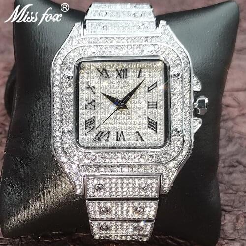 MISSFOX Silver Men Watches Top Brand Luxury Hip Hop Style WristWatch Luminous Hands AAA Stainless Steel Waterproof Jewelry Clock