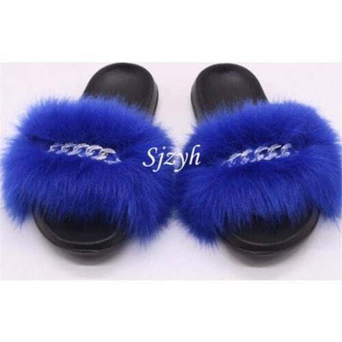 Wholesale Girls Fake Fox Fur Slides Luxury Fluffy Fur Slippers Fashion Womens Chain Plush Sandals Ladies Faux Fur Flip Flops