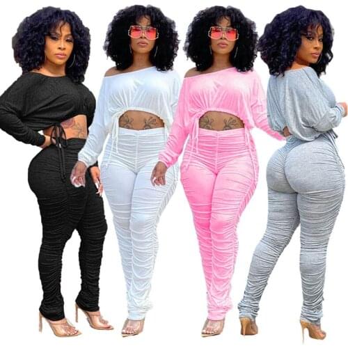STYLISH LADY Fitness Stacked Sweatsuit 2 Piece Set Women Long Sleeve Crop Tops and Ruched Pant Set 2020 Autumn Sporty Outfits