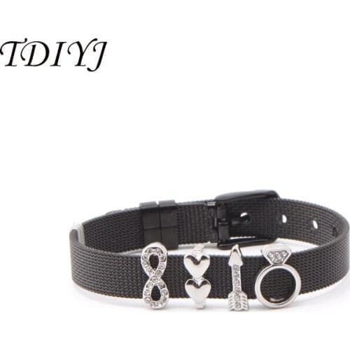 TDIYJ Farming Charms Heart Love Arrow Keeper Mesh Slide Charms Stainless Steel Black Bracelet 1Set