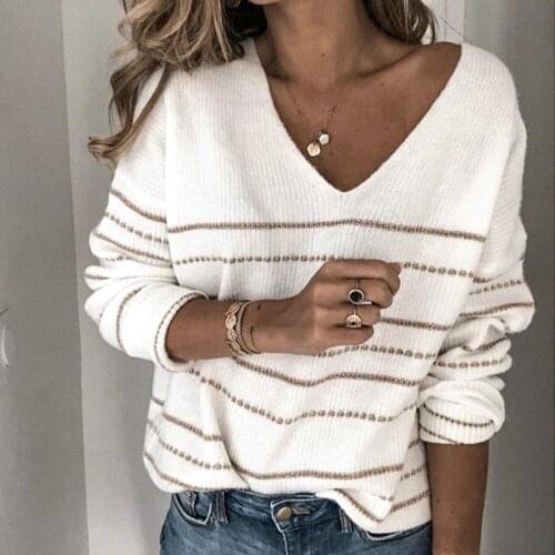 Knitwear Color Block Striped Sweater Womens Fashion Long Sleeve V-neck Pullovers Tops Oversized Fluffy Sweaters Pullovers 2020