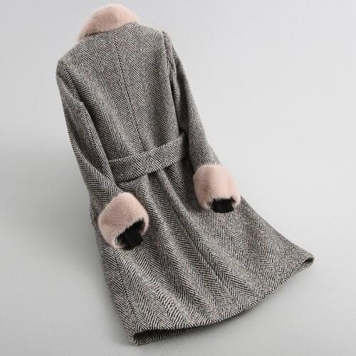 Tweed Winter 2020 Wool Blend Coats Thick Warm Natural Lamb Fur Liner Long Jacket Real Mink Fur Collar Coat 18123 WYQ1932