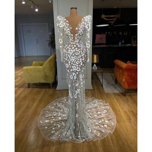 Luxury Beaded 2021 Mermaid Prom Dresses African Deep V Neck Long Sleeves 3D Flower Lace Evening Dress Formal Party Pageant Gowns