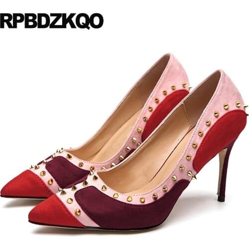 Women Rivet Pointed Toe 9 40 Pumps Wine Red Shoes 41 6cm 2 Inch Multi Colored Celebrity High Heels Famous 33 Scarpin Quality