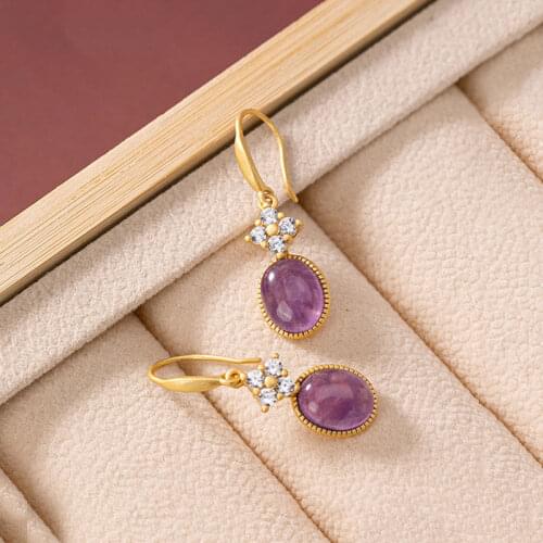 S925 Sterling Silver Gold Natural Amethyst Earring Pendant for Ladies Elegant Trendy Wild Simple Earrings