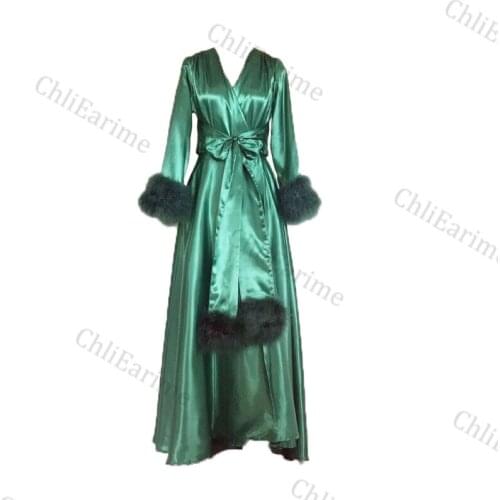 Ladies silk robe fur party wedding pajamas night gown robe long sleeve customization
