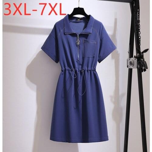 New 2021 Ladies Summer Plus Size Mini Dress For Women Large Short Sleeve Loose Pocket Blue Denim Belt Dress 3XL 4XL 5XL 6XL 7XL