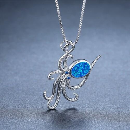 Boho Female Oval Opal Pendant Necklace Dainty Silver Color Chain Necklaces For Women Cute Crystal Octopus Long Wedding Necklace