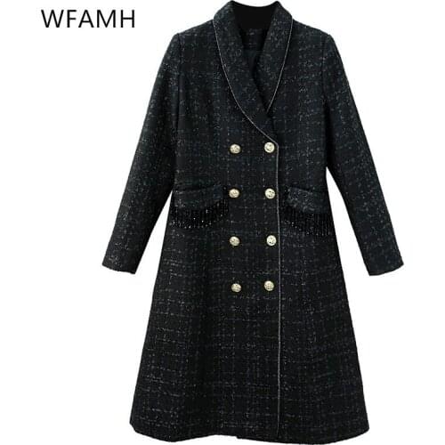2021 spring new woolen coat slim and thin mid-length double-breasted fashion waist coat women Polyester Pockets Tassel Crystal
