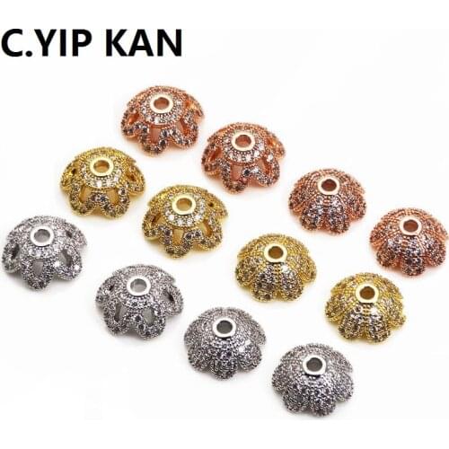 5 pieces, 6-Petal Flower beaded cap brass micro-paved cubic zirconia beaded cap electroplated gold rose gold, 12*5mm holes 2mm