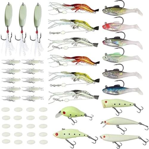 60pcs Luminous Fishing Lure Kit Include Glow Hard Lures Soft Shrimp jig Spoons lure Soft Silicone lure Noctilucent fishing beads