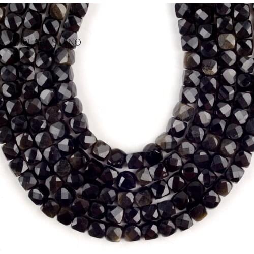 Natural Gem Black Obsidian Faceted Stones Beads For Jewelry Making DIY Needlework Square Loose Spacer Beads Bracelet Charms 15