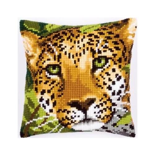 Latch Hook Animal leopard Kits for DIY Throw Pillow Cover Sofa Cushion Cover Cats Pattern Printed 16X16 inch