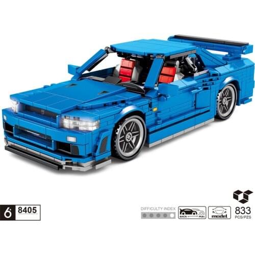Technical SCALE building block japan sport car bricks nissans GTR R34 model pull back vehicel toys collection for boys gifts