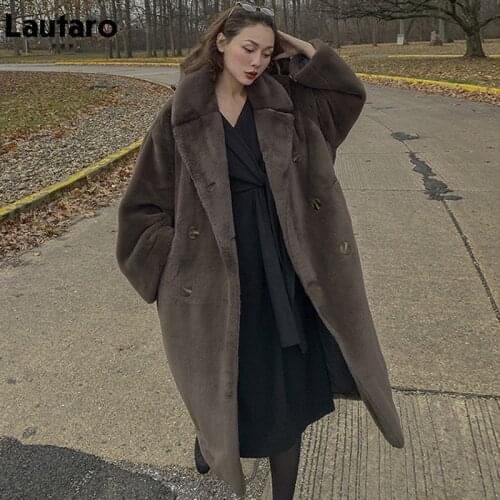 Lautaro Womens Winter Long Oversized Double Breasted Warm Thick Fluffy Faux Fur Coat Loose Casual Stylish Korean Fashion 2021