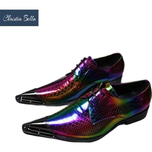 Christia Bella Fashion Snake Skin Genuine Leather Men Business Shoes Plus Size Lace up Metal Pointed Toe Formal Dress Shoes