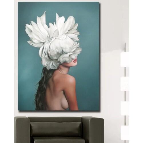 Fashion Prints Wall Art Oil Painting Posters Sexy White Feather Girl Canvas paintings For Living Room Decor Unframed