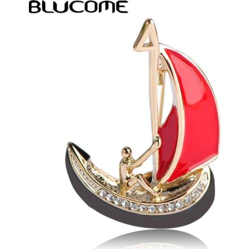 Blucome New Style Red Enamel Brooches Men Sail Boat Shape Brooch For Clothes Accessories Gold-color Corsage Pins Sweater Clips
