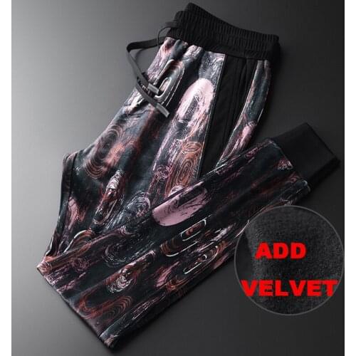 Pleuche Allover Printed Mens Luxury Add Velvet Thick Elastic Waist Man Pants Autumn Winter Slim Fit Mens Trousers