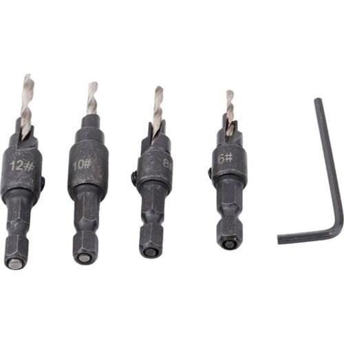 4pcs 1/4 Hex 6# 8# 10# 12# Quick Change Shank Countersink Tapered Drills Bits Cone Reaming Drill Bit Set Wood Woodworking Tools