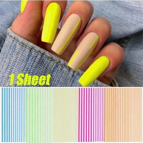 1 Sheet Nail Sticker Neon Color Stripe Lines 3D Metal Strip Tape Multi-size Adhesive Nail Decoration Sticker DIY Nail Stickers
