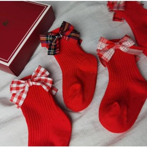 RED socks with plaid bowknot Newborn Baby Bow Socks Toddler Infant Cotton Socks Children Kids Girls fit 0-3 years 1 pair/2pcs