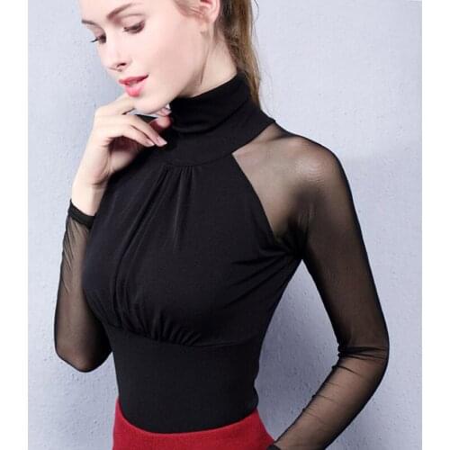 Autumn New Latin Dance Shirt Long-Sleeved High-Necked Standard Ballroom Cha Cha Dance Practice Clothes Slim Mesh Tops DWY2100