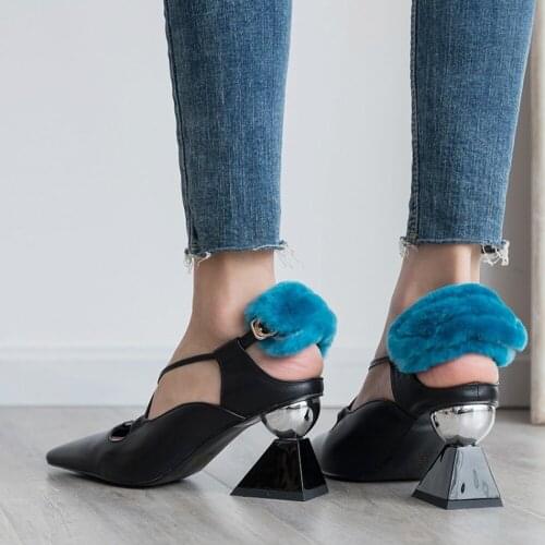 OLOMLB Womens Pointy Toe Cross-straps Real Rabbit Fur Decor Strange High Heel Pumps OL Shoes Slingbacks Plus Size 3Colors