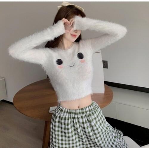 Autumn Winter Anchor Cartoon Smiling Face Hairy And Sexy Short Waist Long Sleeve Sweater Hot Big Bust Tops S069