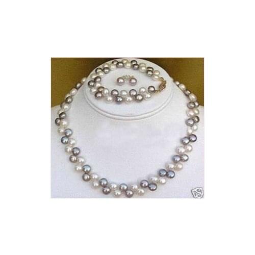 Lovely nice bridal jewelry Beautiful 2 rows Black White pearl necklace &bracelet &earrings set woman word wholesale
