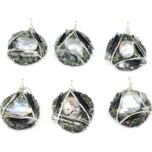 Natural Wrapped Pearl Pendant Charms Natural Pearl Beads Round Shape Pendant for Making DIY Necklace Gift Size 40x50mm