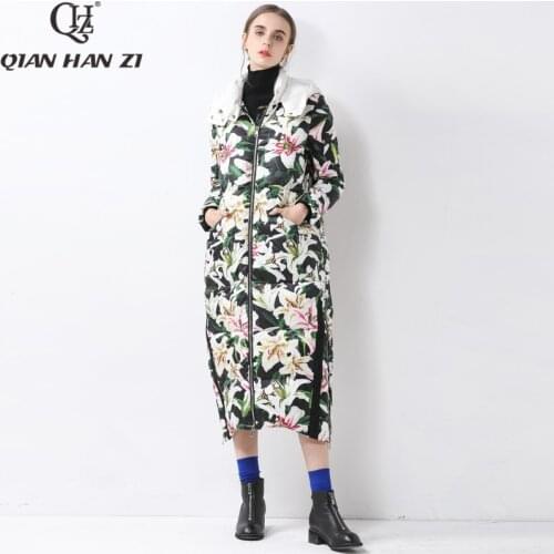 Qian Han Zi 2019 Brand Lily Print Warm down jacket X-Long coat Womens Thick Winter High Quality Casual coat Female Overcoat