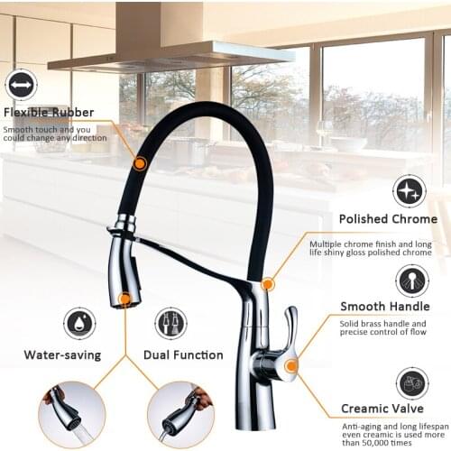 Vidric Kitchen Faucet Brass Chrome Rubber Kitchen Sink Faucet Pull-out Dual Function Sprayer Single Handle Mixer Tap Faucet