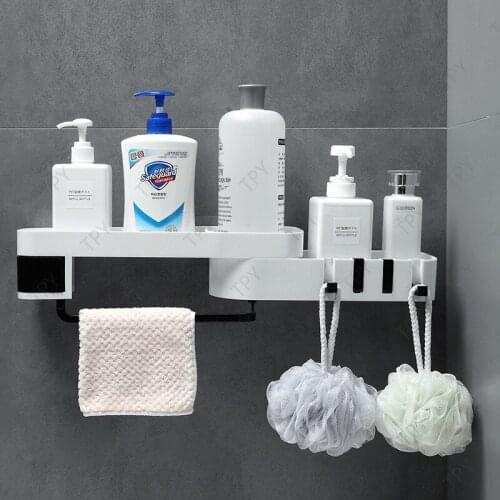 Rotating Shelves Bathroom Corner Storage Shelf/Shower Caddy Organizing Storage Rack Self Adhesive Shower Shelf with 2 Hooks