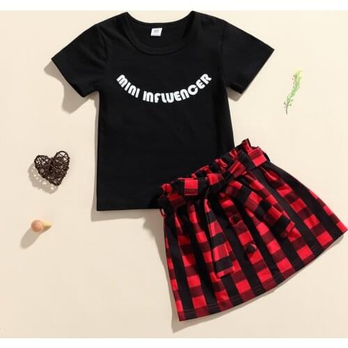 1-6Y Summer Kids Baby Girl Letter Print Short Sleeve Round Neck T-shirt Plaid Button Skirt with Belt 3pcs Outfits Set Clothes