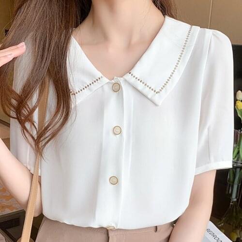 Blouses Femme White Blouse Short Sleeve Blouse Women Blusas Mujer De Moda 2021 Verano Elegantes Chiffon Blouse Shirt Tops E859