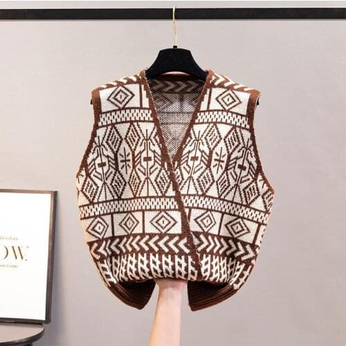 Ladies sweater vest spring and autumn knitted jacket sleeveless waistcoat V-neck retro sweater loose fashion casual cotton