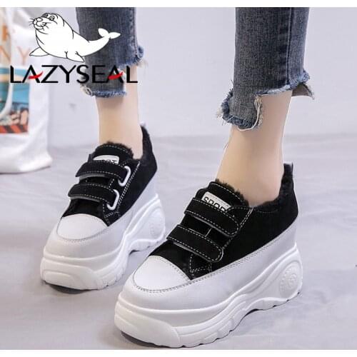 LazySeal Platform Winter Boots Woman Warm Plush Height Increasing Sneakers Ankle Boots Hook&Loop Chunky Heels Thick Sole Shoes