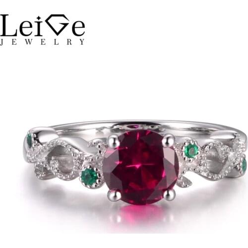 LeiGe Jewelry Unique Ruby Anniversary Rings July Birthstone Rings Round Shape Red Gemstone Solid 925 Sterling Silver for Women