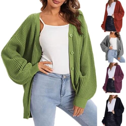 Women Button Cardigan 2021 Long Sleeve Solid Sweater Autumn Winter Knitted Loose Oversized Jumper Casual Cardigan Mid-length