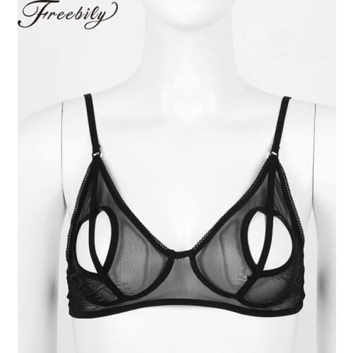 Womens See Through Sheer Mesh Bralette Sexy Lingerie Heart Shape Hole Bare Nipples Wire-free Unlined Open Cups Erotic Bra Tops