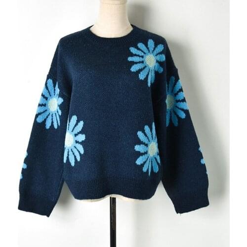 Ladies Sweater Sun Flower Jacquard 2020 Early Autumn Casual Sweet Ladies Blue Pink Knitted Top Casual Sweater Loose Pullover