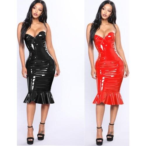 S-6XL Plus Size Red Black PVC Wet look Leather Strapless Ruffle Mermaid Bodycon Dresses Women Sexy Off Shoulder Club Party Dress